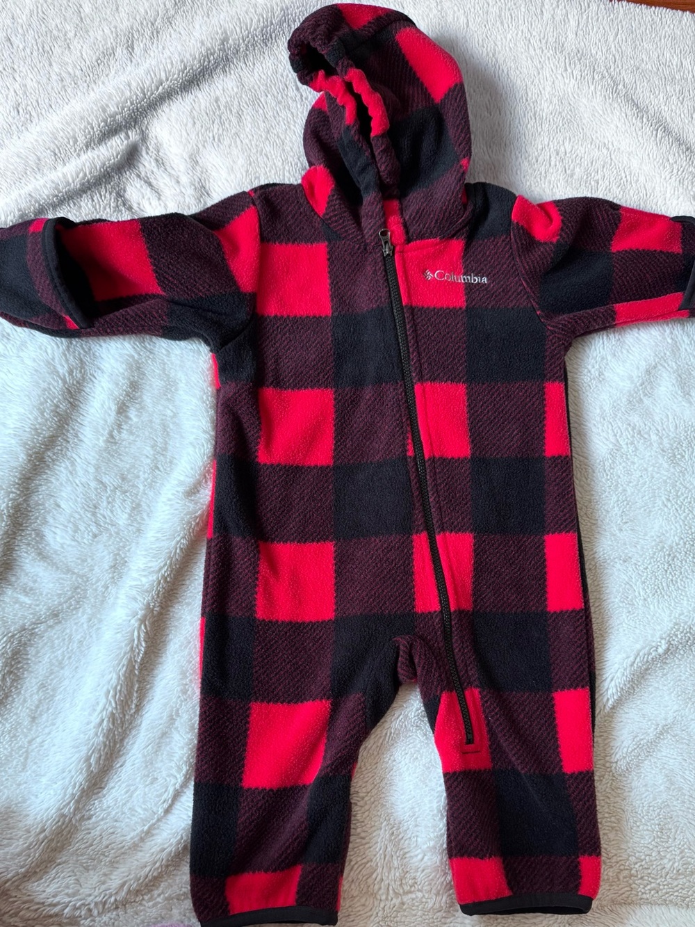 Columbia Red and Black Buffalo Plaid Fleece One-Piece with Hood